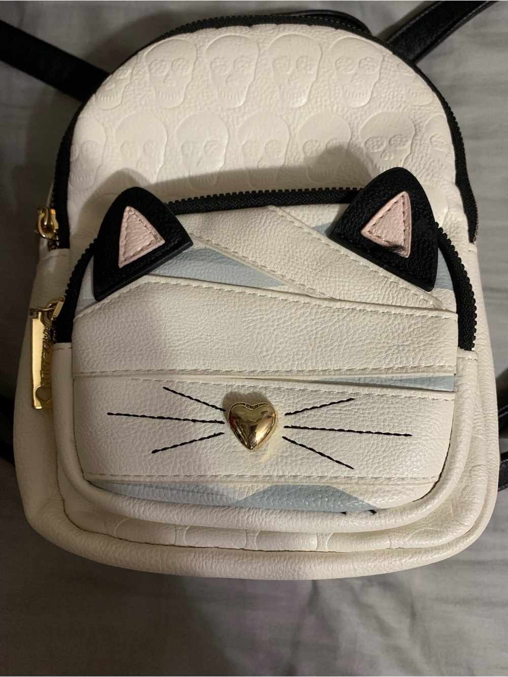Betsey Johnson Mummy Cat Mini Backpack Skull Embossed White